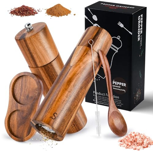 ZUSUZU Moulin à Sel et Poivre en Bois avec Soucoupe,2 Pièces Moulin à Poivre et Sel Manuel,Moulin à épices avec Broyeur en Céramique Réglable pour Sel de Mer, Piment Le Cumin et Sésame