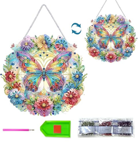 Diamant Painting Fensterbilder Beidseitig,Diamond Painting Anhänger Brillante Schmetterling,Diamond Painting Blumen Fensterbilder mit Kette Werkzeugen,Hängend Ornament für Fenster Wand Eingang Deco