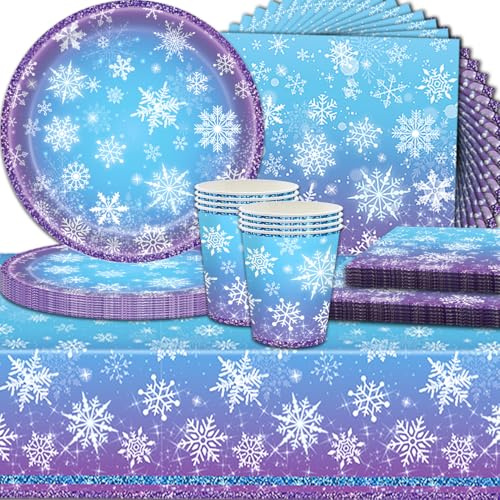 SANYUANHE Stoviglie per feste compleanno frozen,61 Pezzi Decorazioni festa tema Fiocco di Neve,per Weihnachten Snowflake Party,per 20 persone Piatti Tazze Tovaglioli Stoviglie