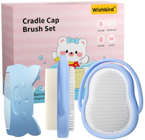 Wishbird Baby Cradle Cap Brush & Comb Set, 3-in-1 Scalp Brush, Curved Comb & Soft Sponge | BPA-Free Cradle Cap Treatment Kit for Newborns & Infants 0-12 Months, Flakes Removal, Light Blue