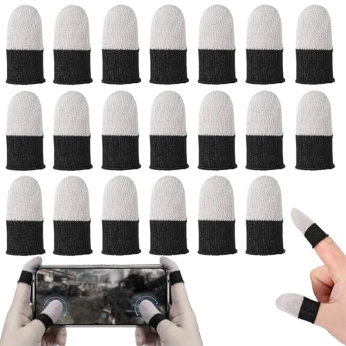 GNALIA Finger Sleeve, 20 Unidades Protectores Dedos Fibra Plateada, Borde Negro Antisudor, Tamaño Único Para Pantallas Táctiles Y Juegos