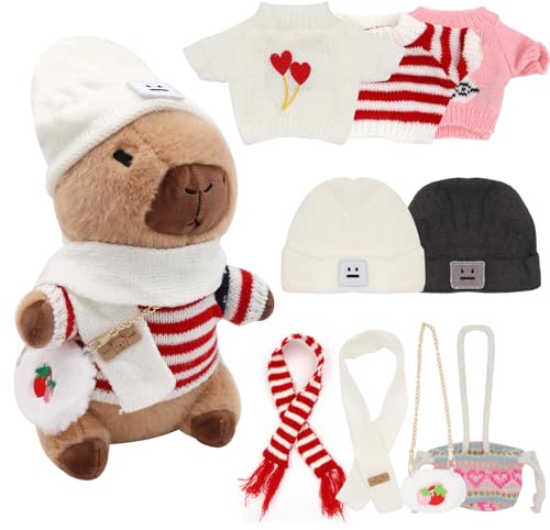 Capybara Plüschtier 10Pcs Set, 23cm Capybara Kuscheltier, Niedlichen Wasserschwein Kuscheltier, Kinder-Plüschpuppenspielzeug mit Kleidung und Accessoires, Stofftier-Wohndekoration für das Wohnzimmer