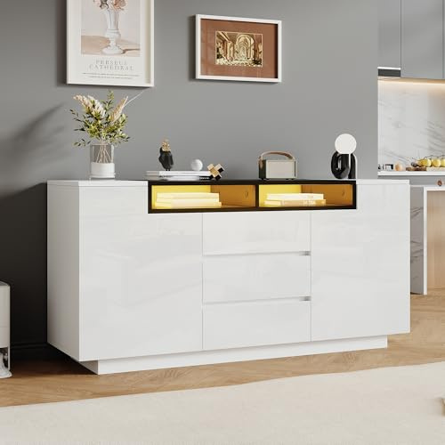 Generisch 140cm Sideboard Weiß/Schwarz Moderner Wohnzimmerschrank mit LED-Beleuchtung & App-Steuerung – 3 Schubladen, L-förmige Türen, Verstellbare Trennwände