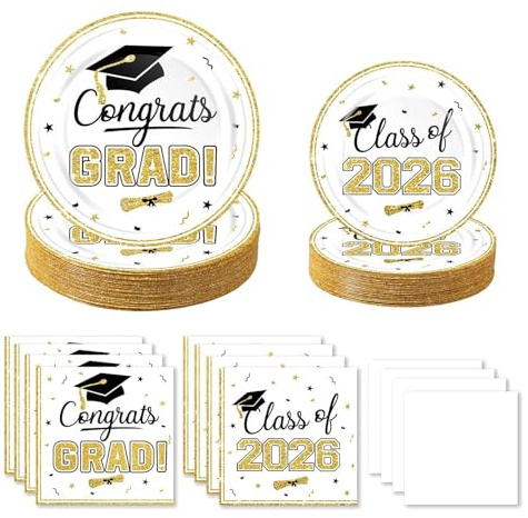 2026 Graduation Party Supplies Paper Tableware Set, 100Pcs White Gold Graduation Plates and Napkins Class of 2026 Disposable Dinnerware for College High School Congrats Party