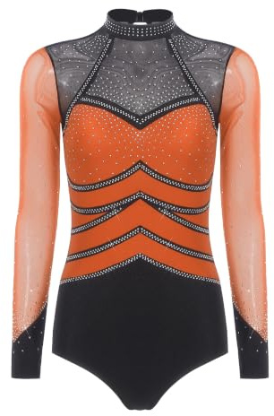 Monduelle Damen Ballettanzug Glitzer Turnanzug Gymnastikanzug Langarm Eiskunstlauf Body Overall Trikotanzug Wettbewerb Tanzkostüm