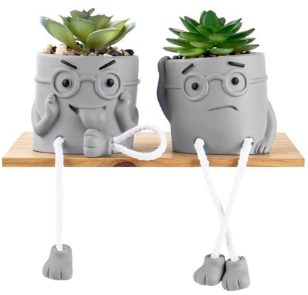 Fakeplant 2 Stück Zimmerpflanzen Künstlich Grau - Lustige sitzende Figuren im Beton-Topf, Kleine Kunstpflanzen wie echt für Badezimmer Deko, Moderne Sukkulenten Set für Regal, WC & Fensterbank