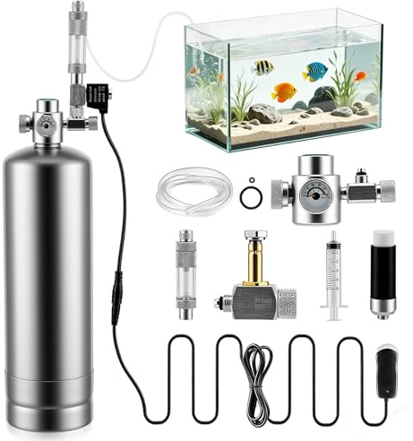 VeftBltrem Sistema de reactor de dióxido de carbono de 2 L con regulador y válvula de aguja, generador de CO2 de acero inoxidable para acuario, con válvula magnética para plantas de acuario