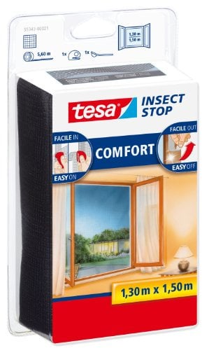Tesa 55343 Insect Stop Attacca & Stacca Comfort per Finestre-Rete per Zanzariere con Nastro Adesivo a Strappo-Antracite, 130 cm x 150 cm