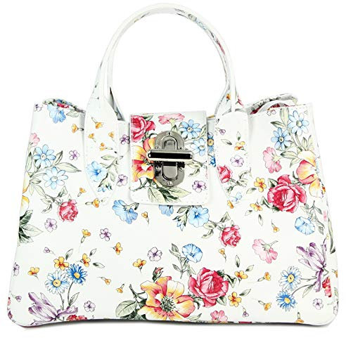 Belli Echt Leder Handtasche italienische Damen Ledertasche Umhängetasche Henkeltasche in weiß mit Blumenmuster - 36x25x18 cm (B x H x T)