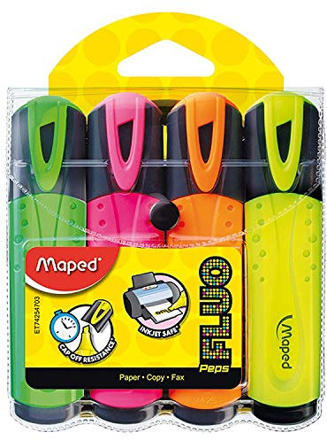 Maped - 4 Surligneurs Fluo’Peps aux Couleurs Éclatantes - Surligneurs Longue Durée pour Usage Scolaire et Professionnel - Vert + Rose + Jaune + Orange