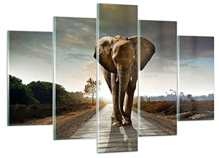 Mehrteilige Bilder auf Glas 150x100cm Glasbild Elefant Straße Landschaft Groß XXL Wanddeko Schlafzimmer Küche Set 5 teilige Wandbilder Dekoration Wohnzimmer Modern Wand Kunstdruck Art GEA150x100-0214
