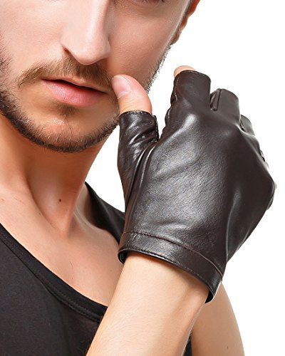 Nappaglo Herren Fingerlose Lederhandschuhe Lammfell Weiches Seidenfutter Halbfinger für fahren Radfahren Outdoor Handschuhe, Braun, M