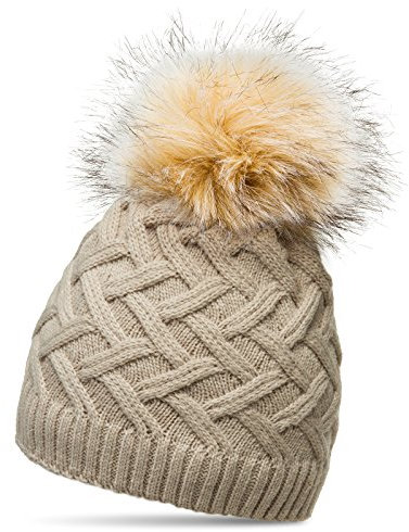 Caspar MU168 Damen gefütterte Mütze Strickmütze mit großem XL Kunstfell Bommel, Farbe:beige, Größe:One Size