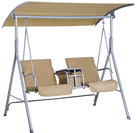 Outsunny Balancelle Design de Jardin 2 Places Inclinaison Toit réglable Tablette rétractable Rangement Acier Gris Clair Beige