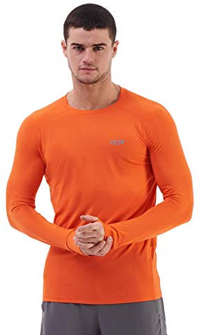 TCA Men's Stamina Long Sleeve Reflective Lightweight Running Workout Training Gym Top with Thumb Holes - Orange, M