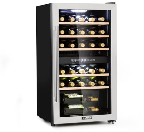 Klarstein Weinkühlschrank, Kühlschrank mit Glastür, Getränkekühlschränke Freistehend, Weinkühlschrank Klein, Weinkühlschränke 2 Zonen, UV-Schutz, 5-22 °C, 29 Flaschen