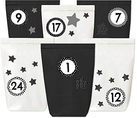 Papierdrachen Adventskalender zum Befüllen - 24 Papiertüten in schwarz und weiß sowie 24 Zahlenaufkleber (schwarz weiß mit Sternen) - zum Selbermachen und Befüllen - Mini Set 113 - Weihnachten