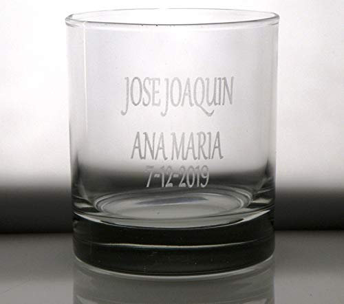 Arte-Deco Vaso Whisky BAJO Personalizado Texto Novios Pareja, Grabado cumpleaños, Aniversario, día Padre y Madre, jubilación, Hombre y Mujer