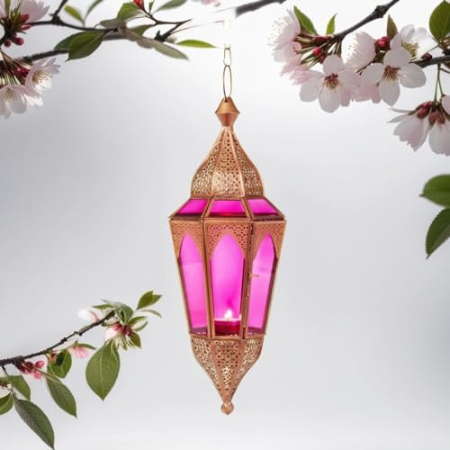 Orientalisches Windlicht hängend Laterne Glas Lalita Pink 41 cm groß | Orientalische Teelichthalter Hängewindlicht mit Henkel orientalisch | Marokkanische Windlichter als Hängewindlichter
