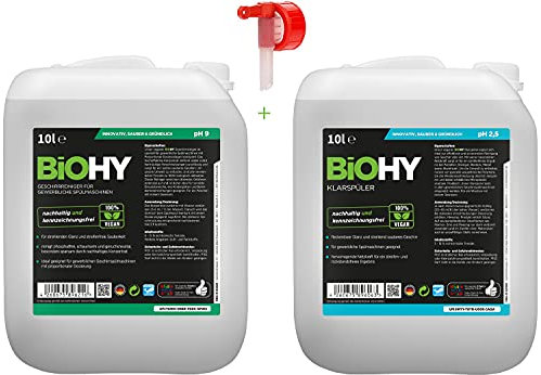 BiOHY Kit de nettoyage du lave-vaisselle en stock | Aide au rinçage 10 Litre bidon | nettoyant pour lave-vaisselle 10 Litre bidon | avec robinet de vidange | (Spülmaschinen-Reinigungs-Set)