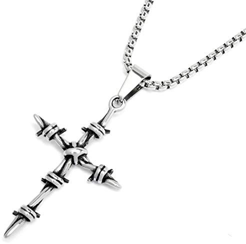Schmuck-Checker kleines Stacheldraht Kreuz aus 316L Edelstahl Anhänger mit Halskette hochwertiges Herren Geschenk Männerschmuck