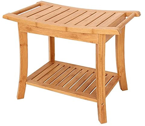 Relaxing Day Banc de Salle de Bain en Bambou avec accoudoirs en Bois, Rangement à Deux Niveaux (Stool 61 x 30 x 45 cm)