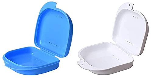 Hsthe Sea 2 Stück Aufbewahrungsbox mit Entlüftungsl?chern, Aufbewahrungsbox für Prothesen, Fest, Mundschutz, Zahnstütze, Zahnstütze, Mundstückschale, Blau + Wei?