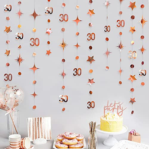 Rose Gold 30. Geburtstag Dekorationen Nummer 30 Kreis Dot Twinkle Star Girlande Metallic Hanging Streamer Banner Hintergrund für ihren schmutzigen 30-jährigen Geburtstag 30 Jahre Party Supplies