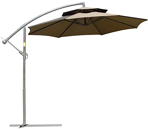 Outsunny - Sombrilla de techo doble octogonal reclinable manivela con pie de cruz de acero poliéster, diámetro 2,67 x 2,65 h, color marrón