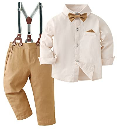 Amissz Vêtement Ensembles Bébé Garçon Gentleman, Enfant chemise + nœud papillon + bretelles + Pantalon Tenue Ceremonie Fete Abricot, 3-4 ans