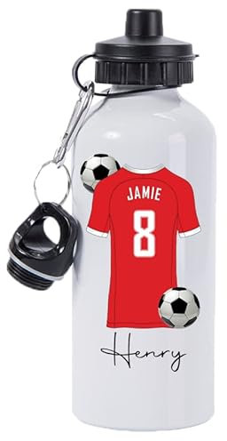 Pickhut Personalised Football 600ml White Aluminium Sports Water Bottle Back to School Gift for Kids, Customised with Name/Number/Text with Football Shirt Jersey Red Kit (D19)