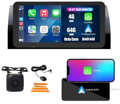 CarPlay Android Auto Navegación Estéreo GPS Radio Cámara de Marcha Atrás 10.33 QLED Pantalla Táctil Tabletas Pad Reproductor de Medios para BMW M5 E39 1995-2003 X5 E53 2000-2007 Octa Core 4G+64G