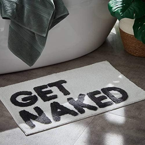 DEENZ GET NAKED Grey & White Bath Mat Backing Water Absorbent Bathroom Rug With Pop Up Get Naked Letters Super Soft & Non Slip (White)