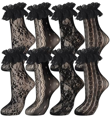 Geyoga 4 Paar Damen Spitzen Söckchen | Knöchelhohe Netz Socken mit Rüschen aus Samtmaterial für Alltag, Büro und festliche Anlässe