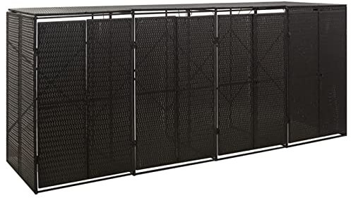 Keketa Quadruple Wheelie Bin Shed, Metal Wheelie Bin Storage Shed Hideaway, Rattan Effect Dustbin Sheds, Outdoor Patio Garden Container Cover Lockable Black 274x80x117 cm Poly Rattan