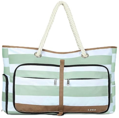 Lekespring Strandtasche Damen Groß Badetasche Wasserdicht mit Reißverschluss, Vielseitiger Damen Shopper Saunatasche Reisetasche Tote Bag für Strand Reisen Einkaufen Sport u.Arbeit (Grüner Gestreift)