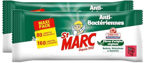 St Marc lot de 2 sachets de 80 Lingettes Nettoyantes et Désinfectantes Antibactériennes