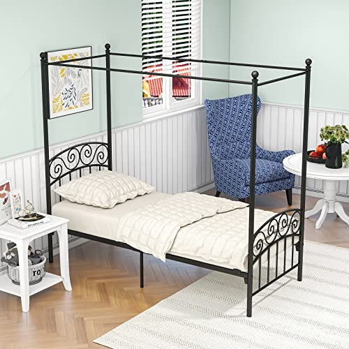 AMDXD Home Himmelbett-Gestell Metall Himmelbett Eisenbett mit Himmel Metallbett Klassisch Design Schlafzimmerbett Bettrahmen ohne Matratze, Schwarz 90x200cm