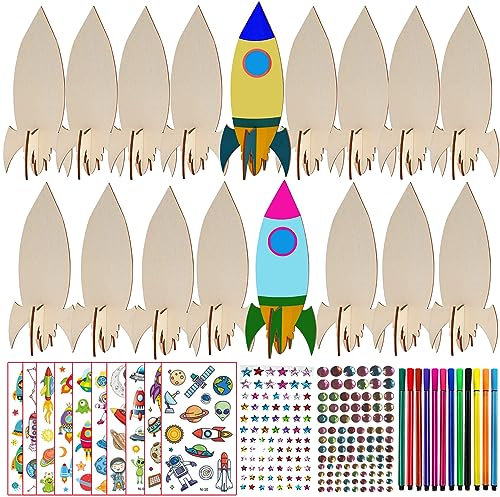 246Pcs Raketen Spielzeug für Kinder, Holzbastelsets für Kinder, Rakete Spielzeug, Holz Bastelset für Mädchen/Jungen von 4-12 Jahren, mit 202 Strasssteine, 30 Raketenholz, 12 Aquarellstift, 2 Aufkleber