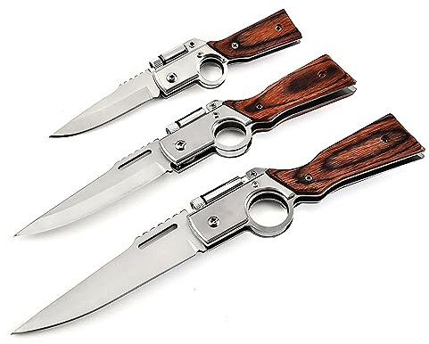 JOKBEN AK47 Klappmesser Mit Holzgriff & Ideales Jagdmesser Aus Einem Stück Stahl Gefertigt - Premium Survival Messer - Perfektes Bushcraft Messer Outdoor - 3 -in-1 Taschenmesser Mit LED Licht (16 cm)