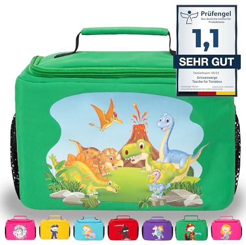 GRINSEZWERGE Tasche für Toniebox Starterset und Tonie Figuren | Aufbewahrung für Tonies Hörfiguren und Zubehör | Box Transporttasche | Tigerbox Tragetasche Koffer (David Dino (grün))