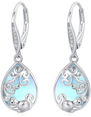 Mondstein Eichhörnchen Ohrringe Lotusblume Hängend Ohrringe 925 Sterling Silber Leverback Ohrringe Teardrop Tropfen Ohrringe Mondstein Schmuck Geburtstag Geschenk für Frauen Mädchen
