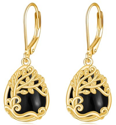 Schwarze Onyx Ohrringe Sterling Silber - Baum des Lebens 18K Gelb Gold Lebensbaum Ohrhänger - Schmuck Geschenke für Damen Mädchen