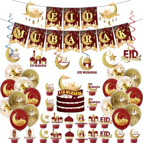 Eid Mubarak Decorations,Ramadan Decorations for Home-2Pcs Eid Mubarak Banners,12Pcs Ramadan Balloons,24Pcs Mubarak Cake Toppers,6Pcs Star Moon Hanging Swirl for Muslim Eid Mubarak Party Supplies