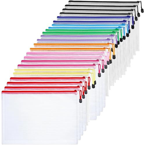 LOSYHU 24PCS Plastic Wallets A4 Zipped Wallets File Mesh Document Folder Zipper Bags Mesh Folders Thick Plastic Folders Zip for School, Office, Home, Travel Storage (10 Colours, 33x23.5 cm)