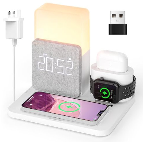 COLSUR Wireless Charging Station, 3 in 1 Charging Station, Alarm Clock with Wireless Charger, iPhone 16/15/14/13/12/Pro/Pro Max/Mini, Samsung, AirPods(QC3.0 Adapter Included) (UV-White)