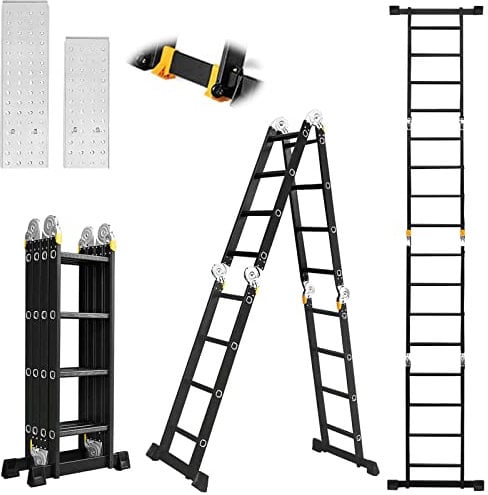 Aluminum Folding Ladder Heavy Duty Step Tall Ladders with 2 Platform Plates 15FT Multi Purpose Folding Scaffold Ladder Extension Work Step Ladder Scaffolding Platform MAX Weight 330LBS