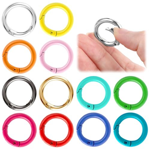 12 Stück Metall Feder-O-Ringe, Farbige Runde Ringe Federstahlringe Kleine O-Ringe mit Schnappfeder Karabiner Ring für Schultasche Geldbörse Rucksäcken Handtaschen Schlüsselanhänger Dekoration