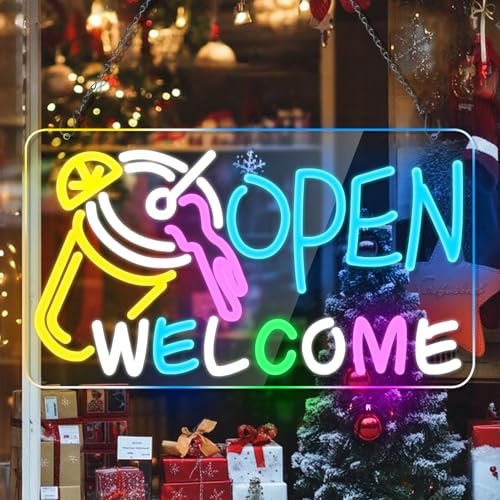 LightingWill Welcome Open Signs for Business, Dimmable LED Open Neon Signs for Wall Decor with ON/OFF Switch, USB Powered Neon Light Up Sign For Window, Pub, Bar, Club Decor, 16.2 * 9.1''