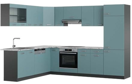 Vicco Eckküche R-Line, Küchenzeile in L-Form, Blau-Grau/Anthrazit, 227 x 287 cm, AP Marmor